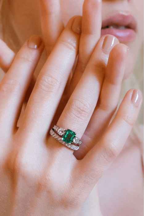 Three-stone engagement ring set with an approximately 1.00 carat emerald. - Pinterest