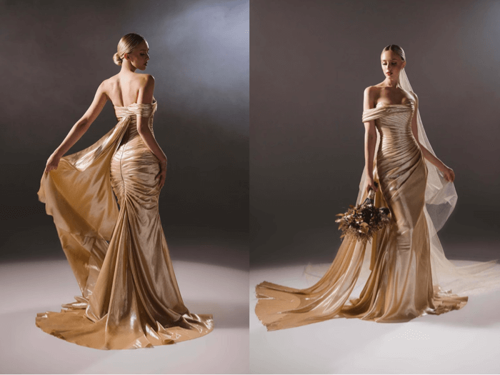 The fancy gold wedding dress in the Legends Romona Keveza 2023 Collection - WebSite